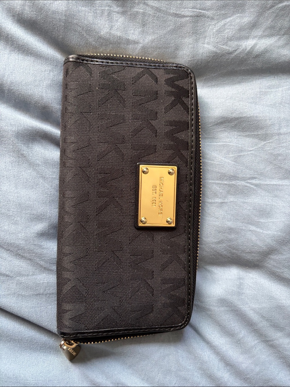 Michael Kors Black Signature MK Zip Wallet with Gold Plate